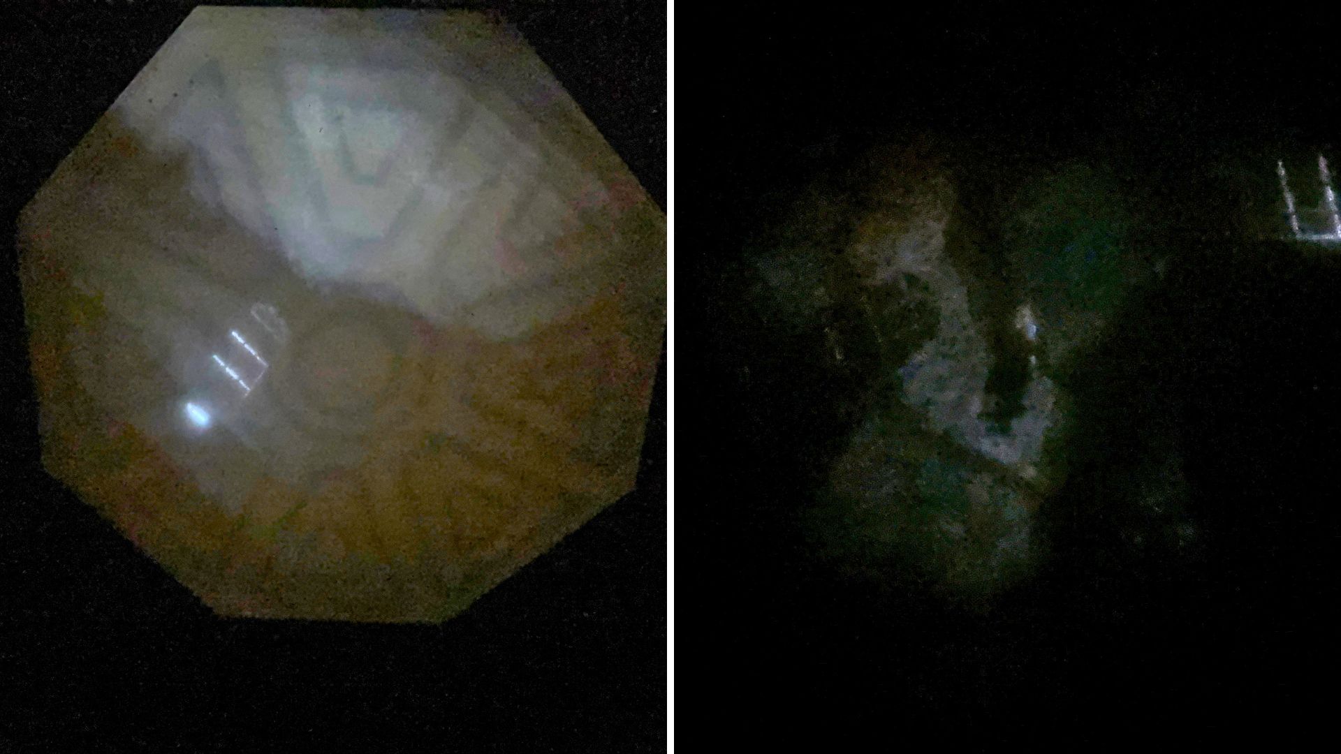 A brightened side by side comparison of the two Stretching Room ceilings on July 24, the left one a murky glowing octagon with no figure visible, the right one much darker