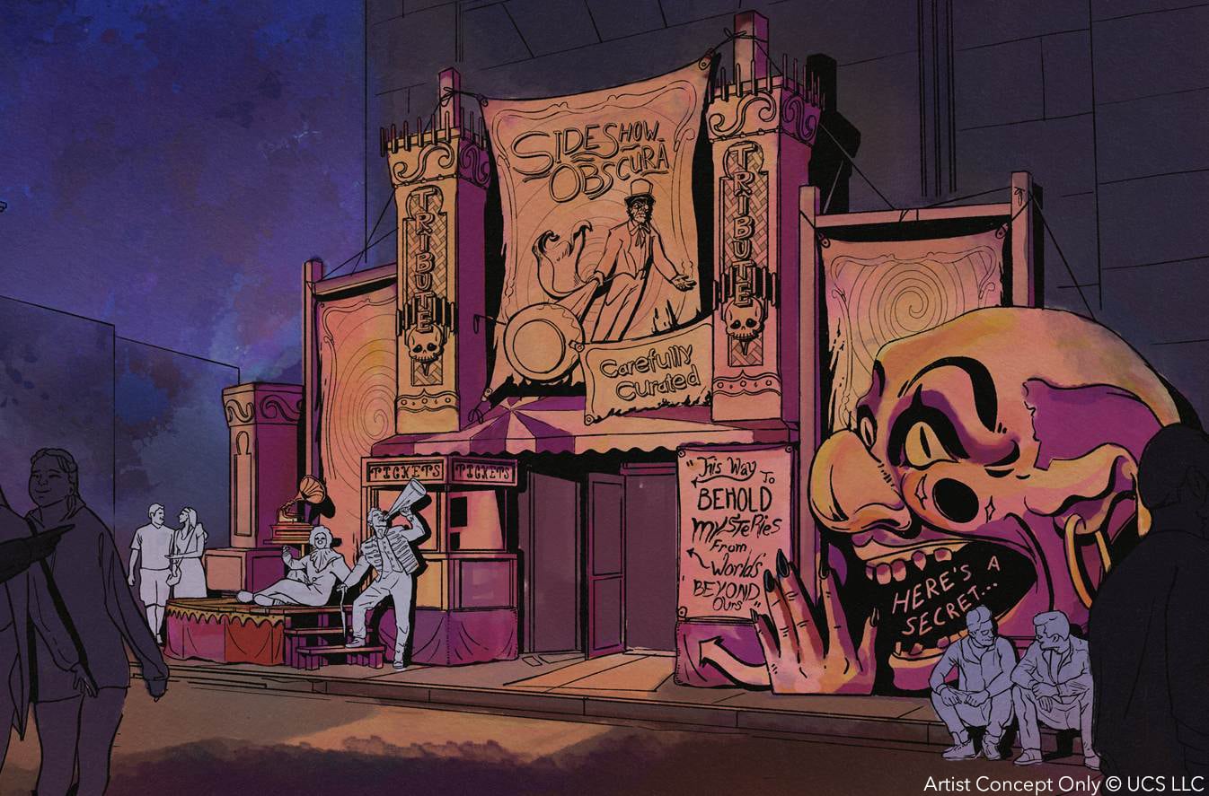 Concept art of the Sideshow Obscura Tribute Store facade at night, with banners reading Sideshow Obscura and Tribute, a ticket booth, a barker with a megaphone, and a giant grinning clown head at right