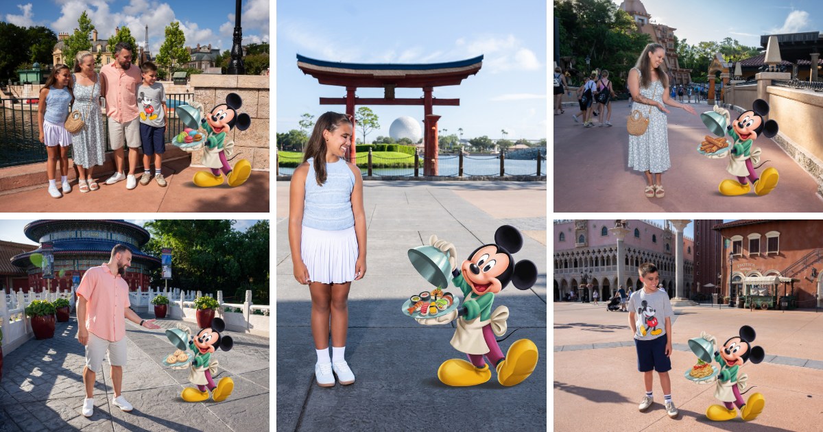 A collage of five Disney PhotoPass sample images showing guests posing in different EPCOT World Showcase pavilions next to a Waiter Mickey Mouse figure holding a tray of food