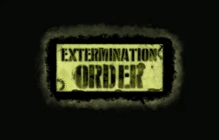 Key art for Extermination Order, with the words EXTERMINATION ORDER in weathered black capitals on a sickly yellow-green panel inside a rough black frame, with small dark insect shapes at its edges.