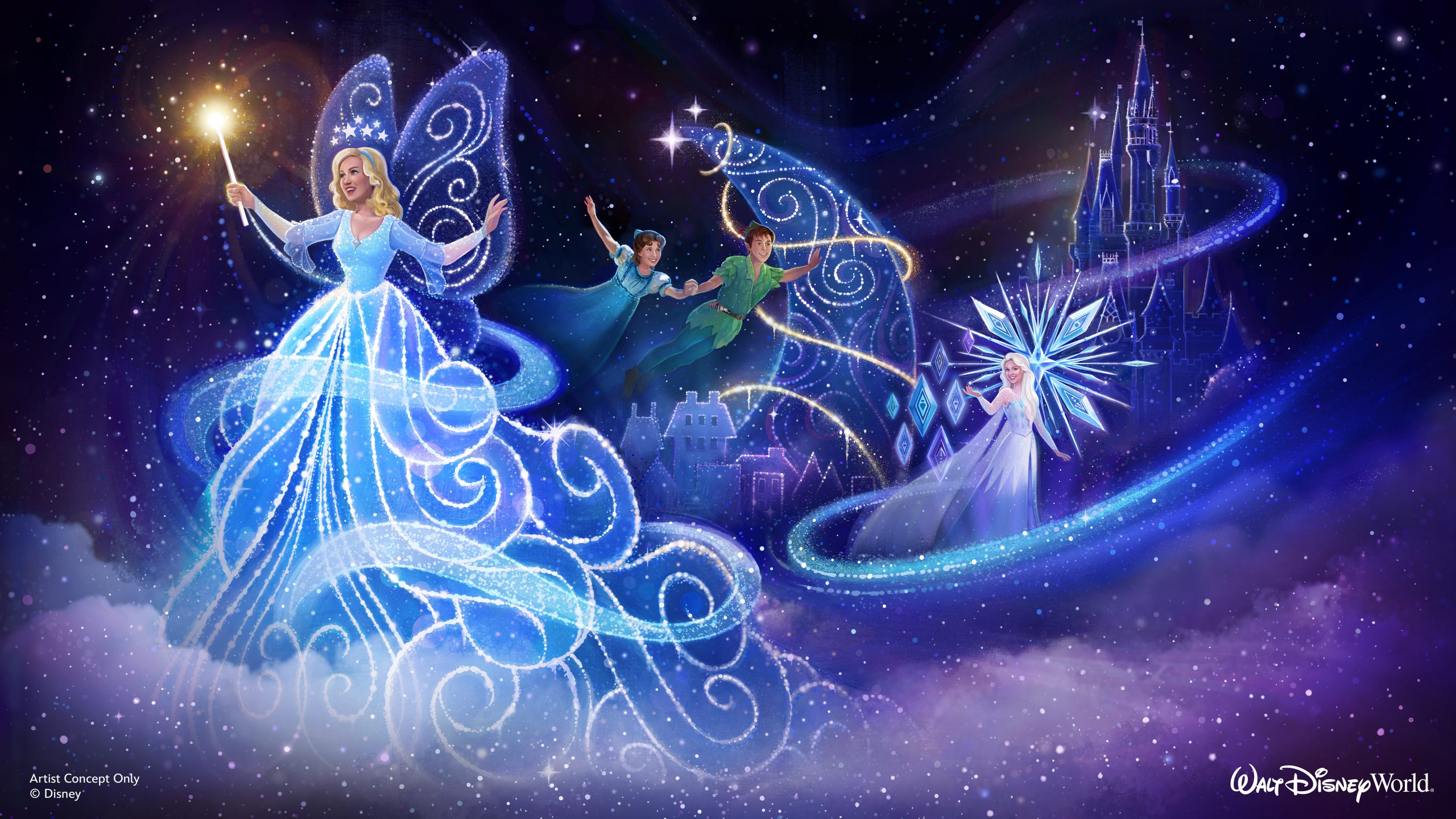 Disney artist concept art for the Disney Starlight parade, showing the Blue Fairy in a glowing blue gown with a wand, Peter Pan and Wendy flying hand in hand, and Elsa standing on an icy crag inside a burst of snowflakes, all against a starry night sky with Cinderella Castle in silhouette.
