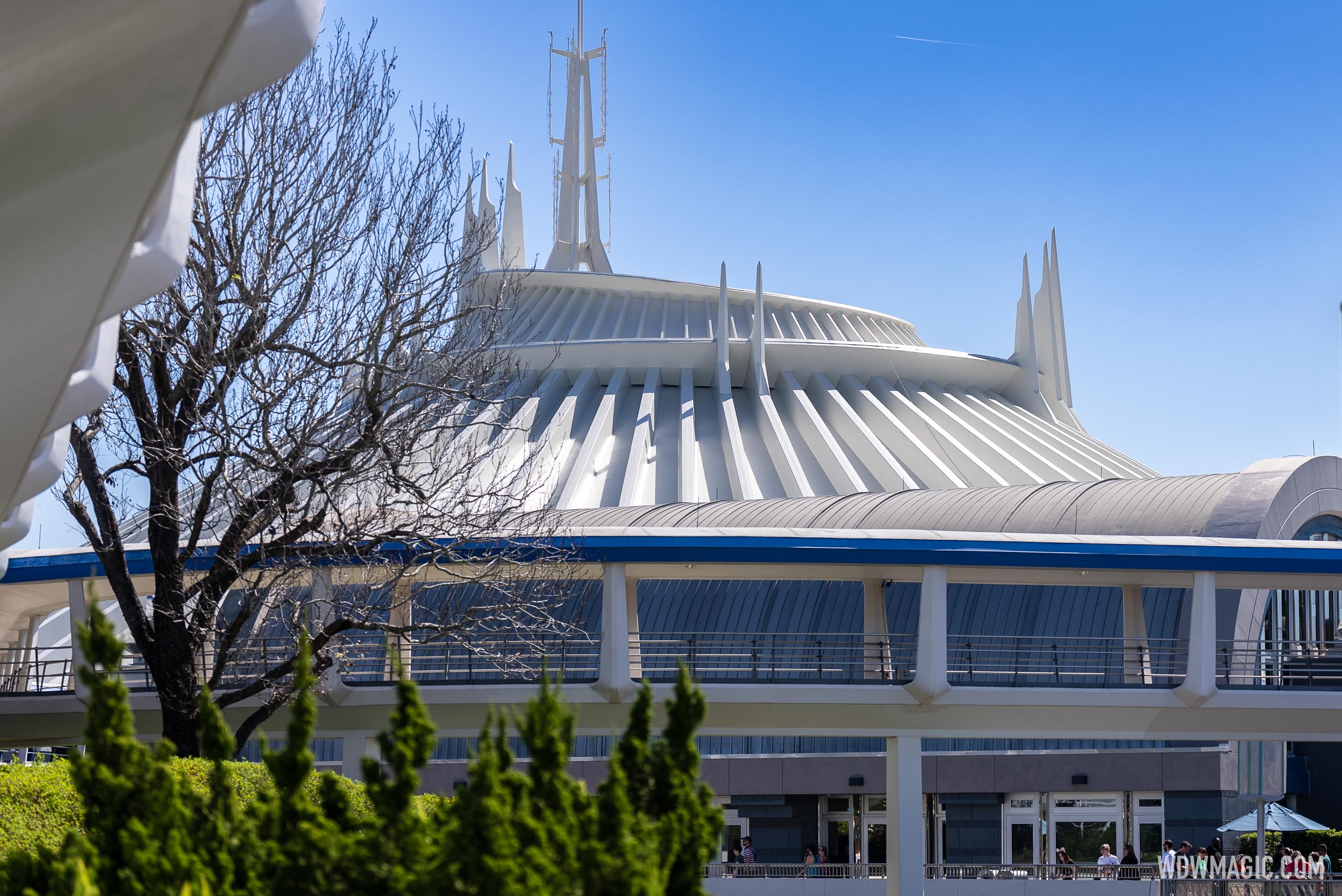 The ribbed white cone and spires of Space Mountain seen from a distance across Tomorrowland on a clear day, partly framed by a bare tree and the blue-trimmed PeopleMover structure in the foreground.