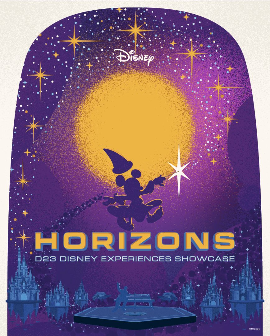 Key art for Horizons, the D23 Disney Experiences Showcase, showing Sorcerer Mickey above a row of castles and cruise ships, with a Carousel of Progress style rotating theater at the base