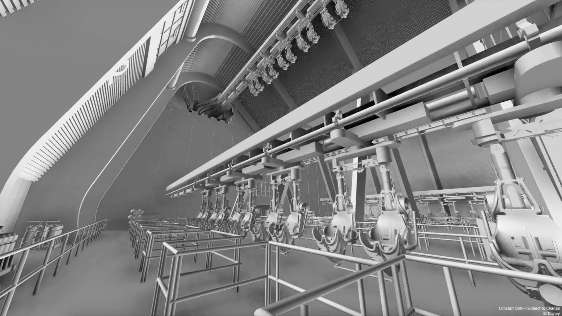 Grayscale Disney concept visualization of the coaster load station with ride vehicles hanging from an overhead track
