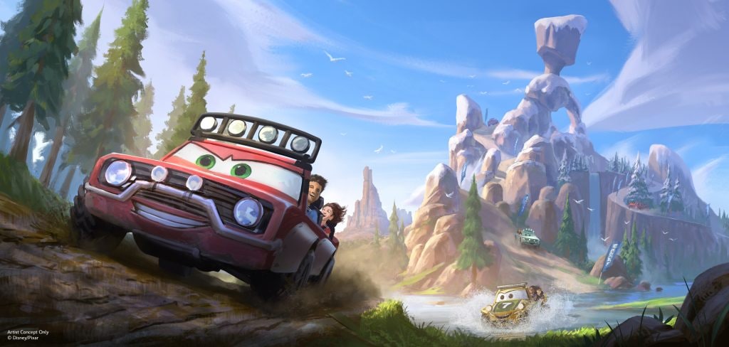 Concept art of a red four by four character car with cartoon eyes in its windshield climbing a muddy forest slope with two guests riding aboard. Behind it are tall rock spires including a balanced rock arch, evergreen trees, and a river where a second vehicle throws up spray. A watermark in the lower left reads Artist Concept Only, copyright Disney slash Pixar.