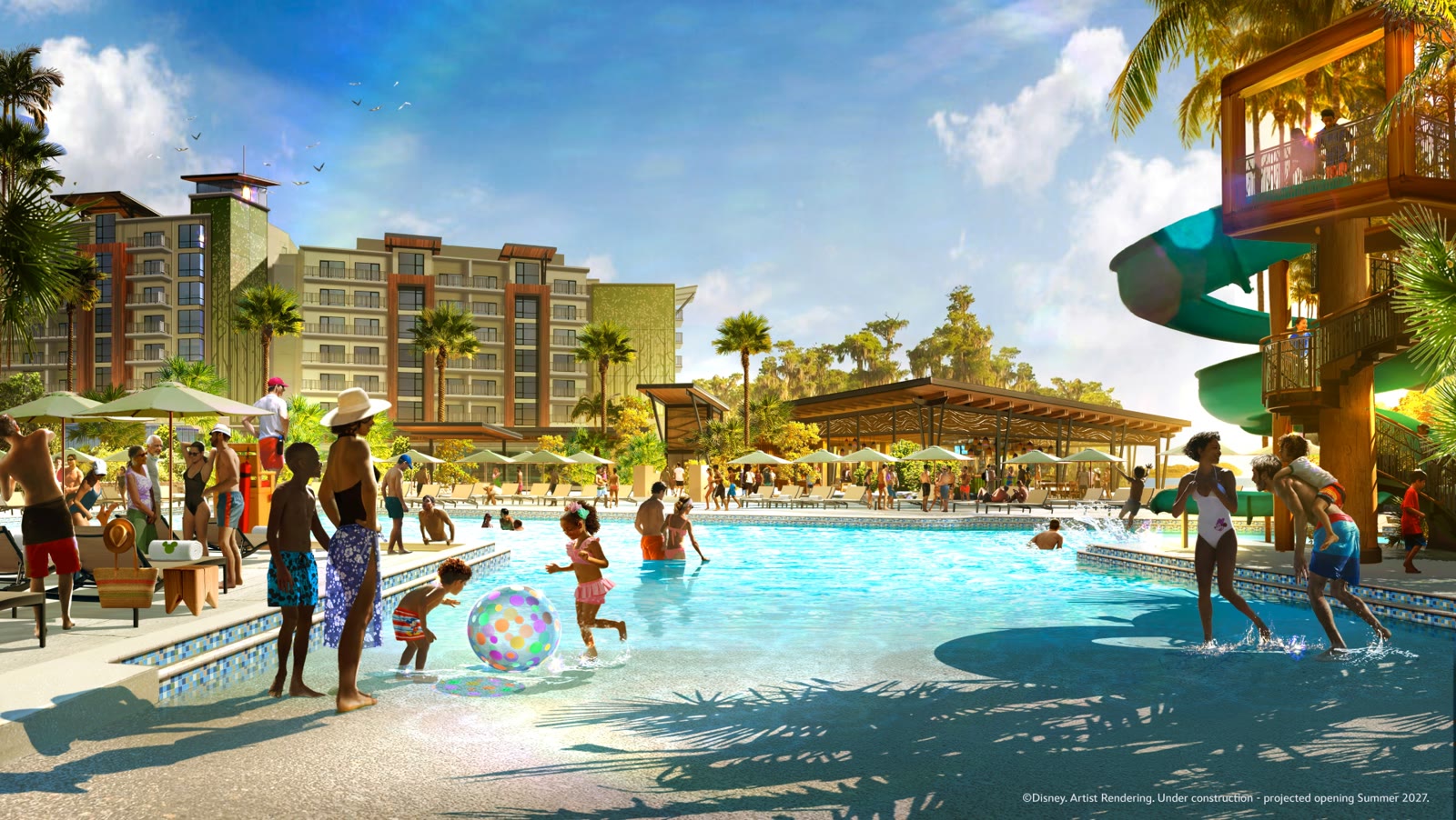 Concept art of a resort pool on a sunny day with families in the water, a beach ball, shaded loungers, a covered open air pavilion, and a spiral waterslide tower at right