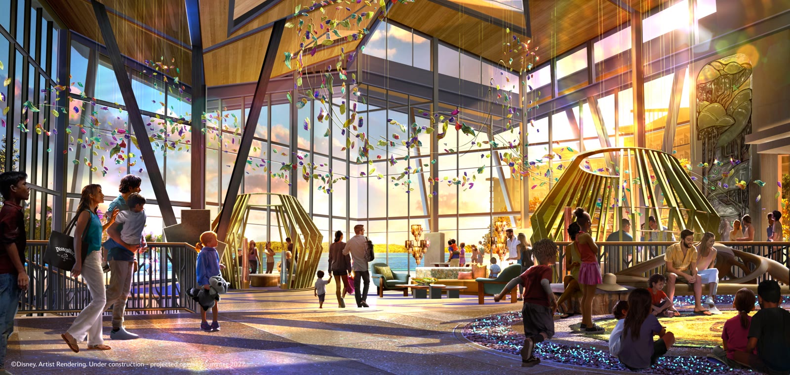 Concept art of a tall resort lobby with glass walls, hundreds of colored glass leaves hanging on wires, and two gold lantern shaped structures on the floor