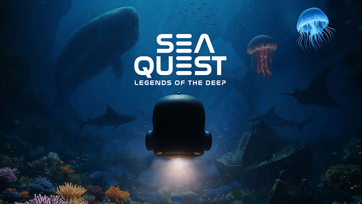Key art for SEAQuest Legends of the Deep showing a submersible lit underwater among sharks, a whale, jellyfish and coral
