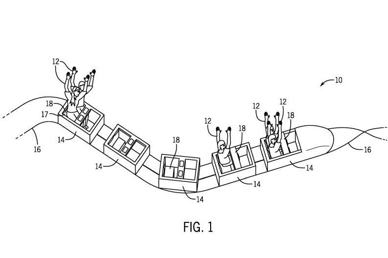 Patent line drawing labeled FIG. 1 showing a ride vehicle train of five open box shaped cars on an undulating track, some of them holding simple stick figures with their arms raised