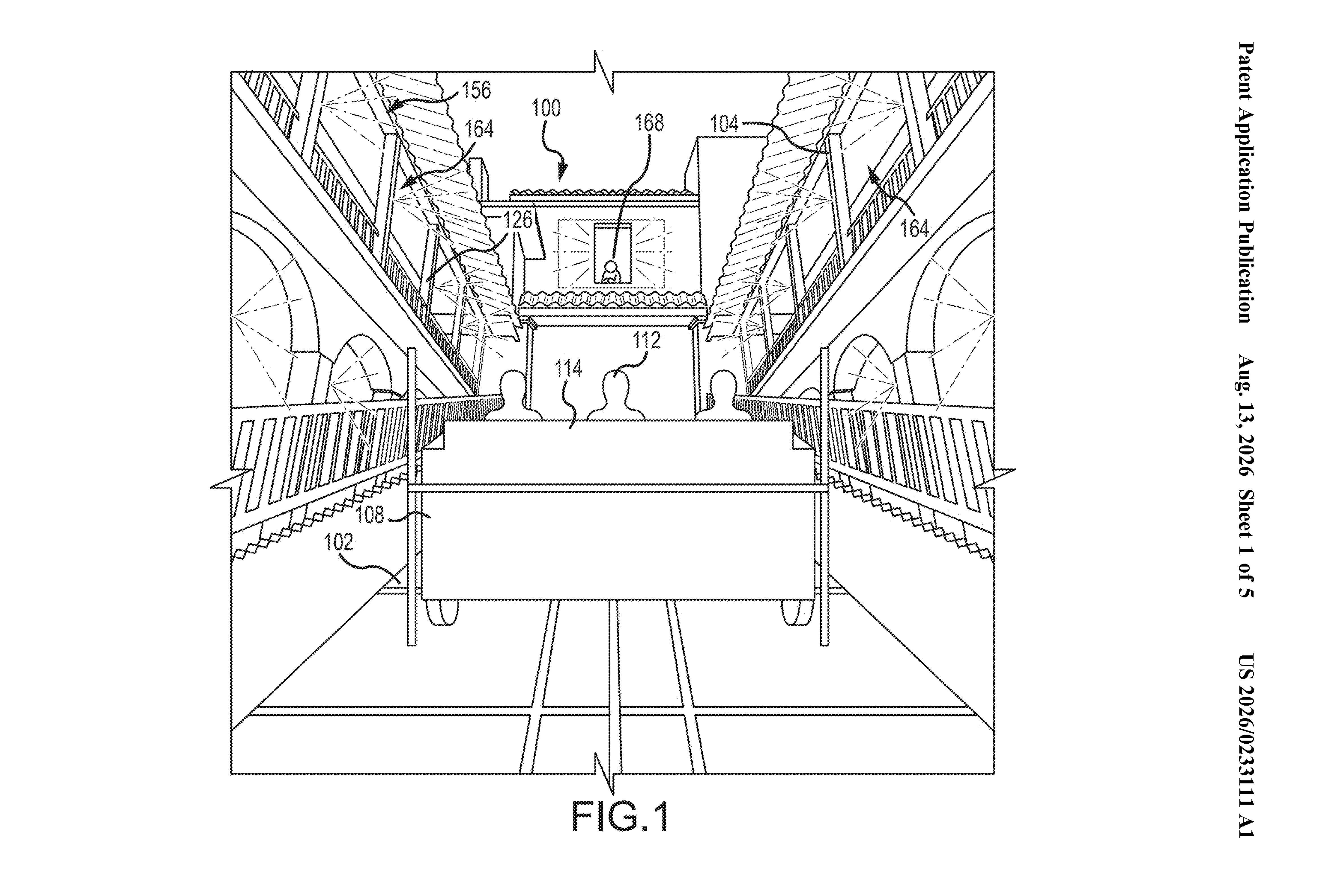 Patent line drawing looking forward from behind and above a ride vehicle down a flat track, with steeply angled staircases and railings on both sides and a small tile roofed structure ahead