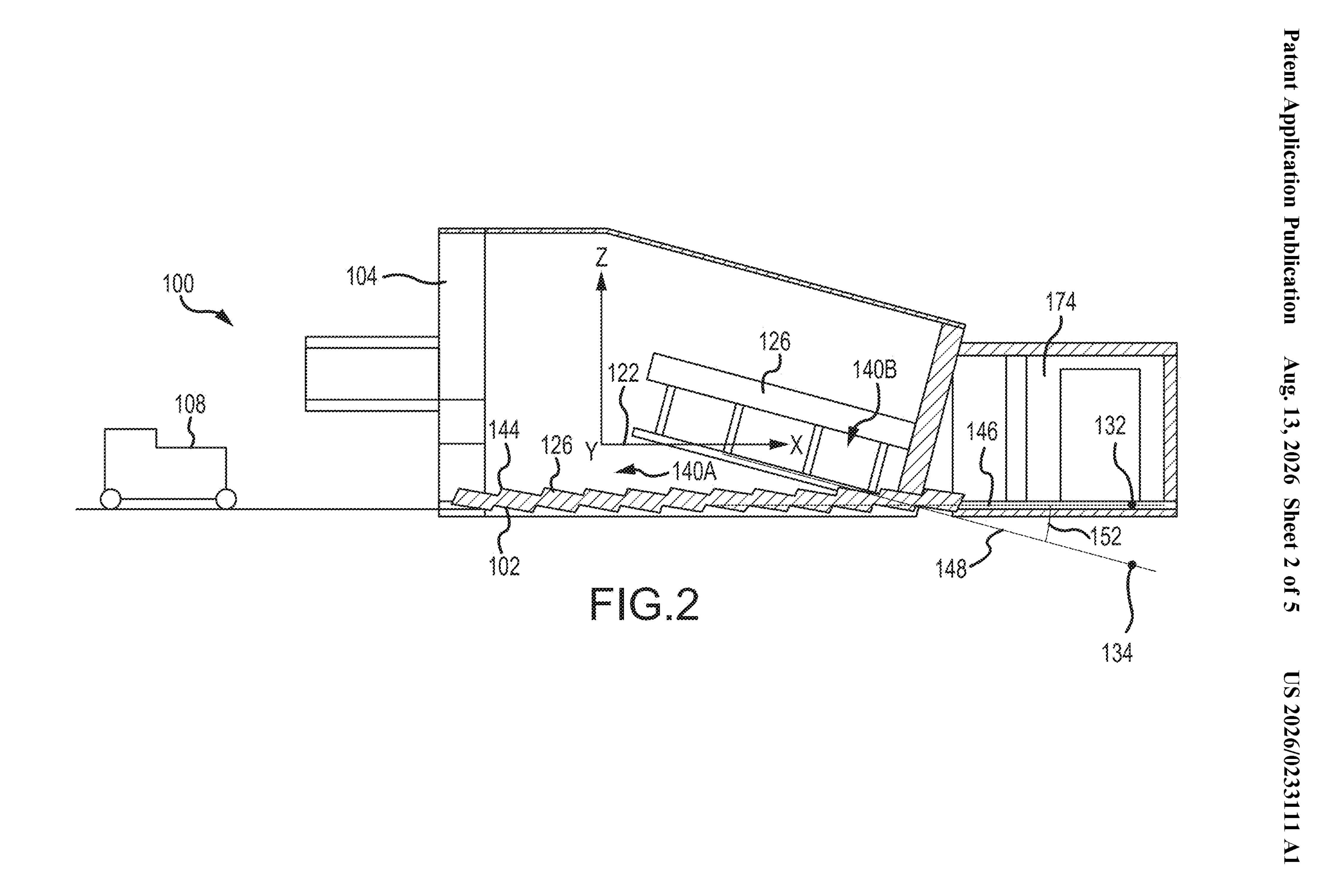 Patent cross section diagram showing a wheeled ride vehicle at left, a tapering set enclosure with tilted interior panels, and a sight line running down to a marked point below the track line, with a second point marked on the line itself