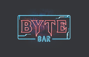 Sign art for the Byte Bar, a rounded rectangular frame of blue neon traced with circuit-board lines, containing the word BYTE in red neon capitals above the smaller word BAR in blue neon, over a dark grey background.