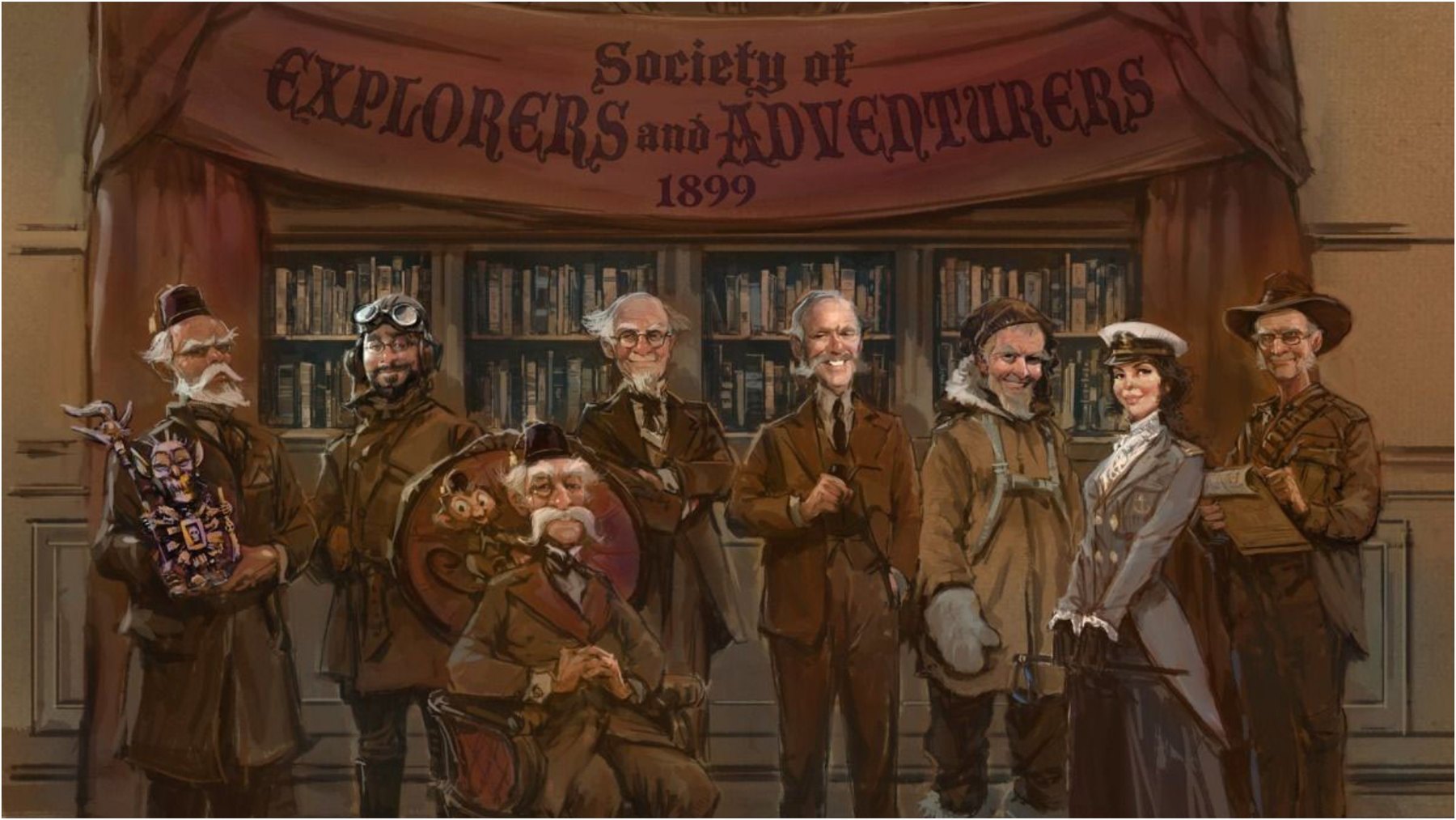 Painted group portrait of eight explorers in period expedition clothing posed in front of a bookcase, beneath a hanging red banner reading Society of Explorers and Adventurers 1899