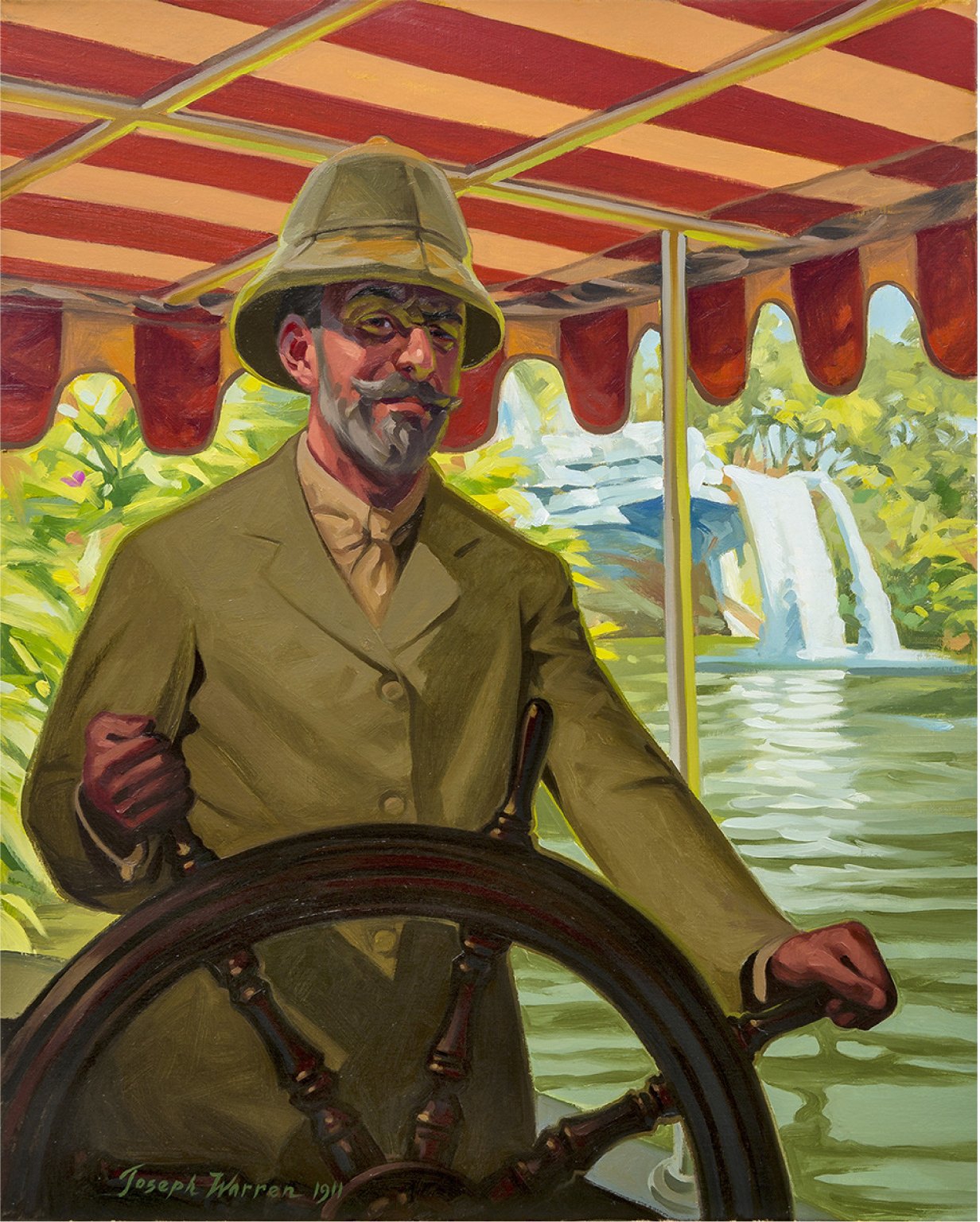 Oil painting of a moustached man in a pith helmet and olive suit gripping a ship's wheel under a red and white striped canopy, with a waterfall and green jungle behind him