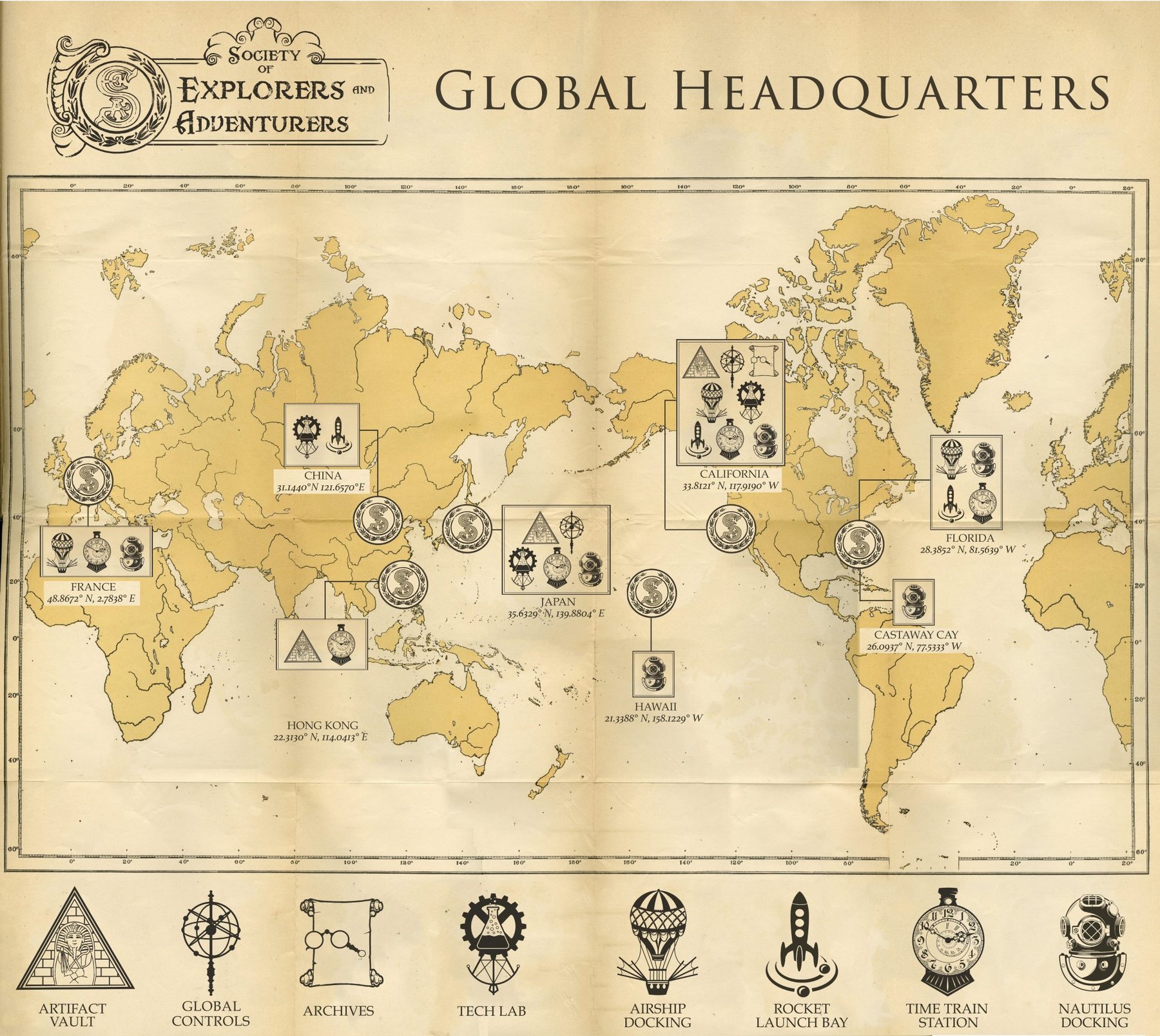 Aged parchment world map titled Global Headquarters with the Society of Explorers and Adventurers crest, showing pinned outposts in Europe, Asia and the Americas with icon boxes, and a legend of eight symbols along the bottom