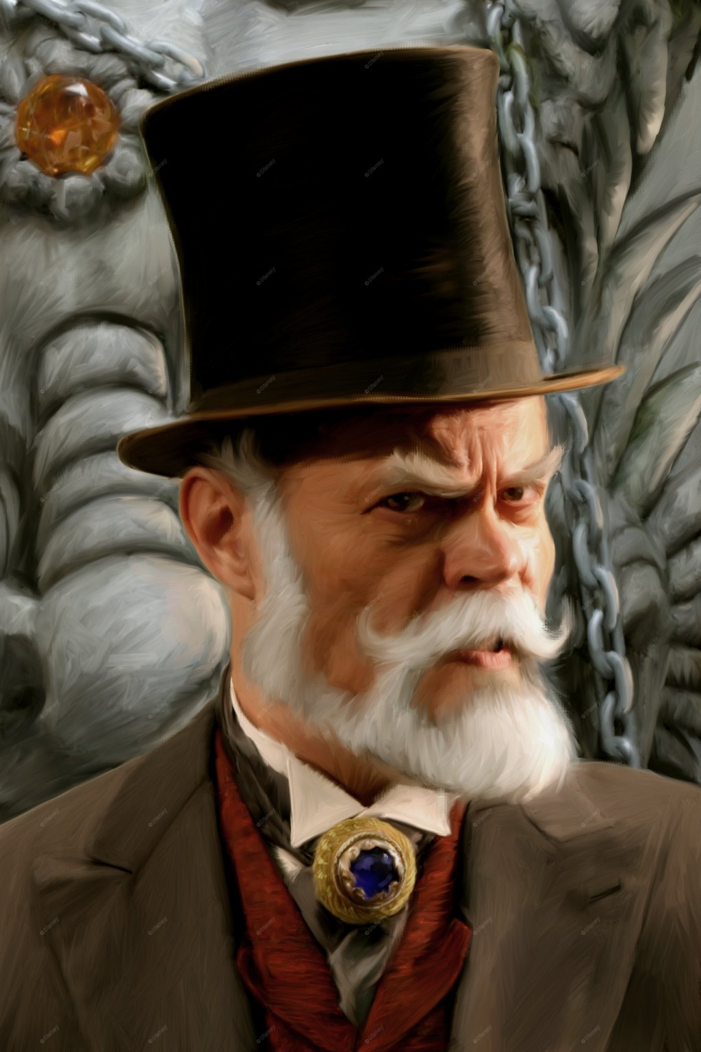 Painted head and shoulders portrait of a stern bearded man in a black top hat, white wing collar and red waistcoat with a gold and blue gemstone pin at his throat, against a grey carved stone wall hung with chains