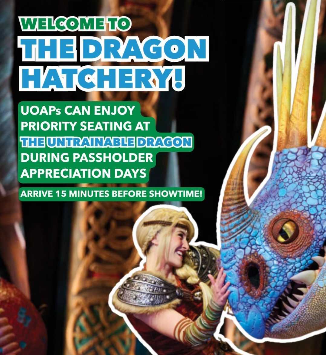Universal passholder announcement graphic reading Welcome to the Dragon Hatchery! with text about priority seating, beside Astrid and a blue dragon puppet