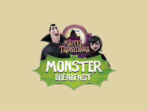 Key art logo showing animated Drac and Mavis flanking a Hotel Transylvania castle crest above a green banner reading Monster Breakfast