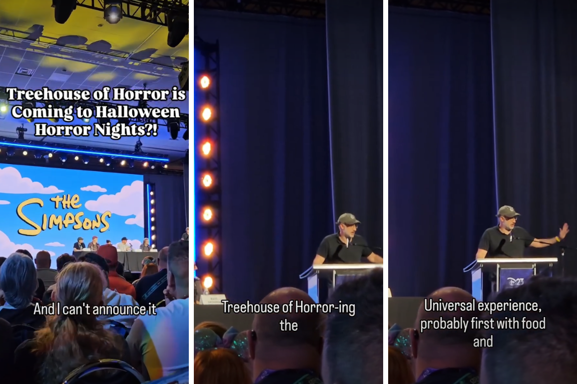 Three vertical video stills from a convention panel. The first carries a large headline added by the video&rsquo;s poster reading Treehouse of Horror is Coming to Halloween Horror Nights?! The three burned-in subtitle lines read And I can&rsquo;t announce it, Treehouse of Horror-ing the, and Universal experience, probably first with food and