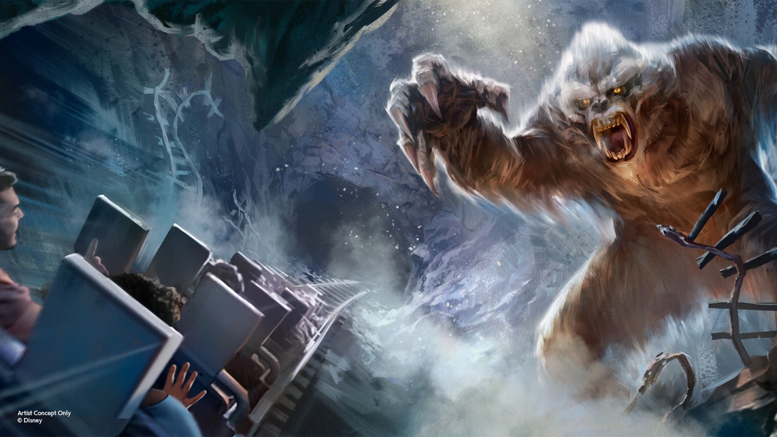 Concept art of a roaring white and brown Yeti lunging at a coaster train inside a snowy mountain interior, one clawed hand raised over the riders and torn track timbers behind it