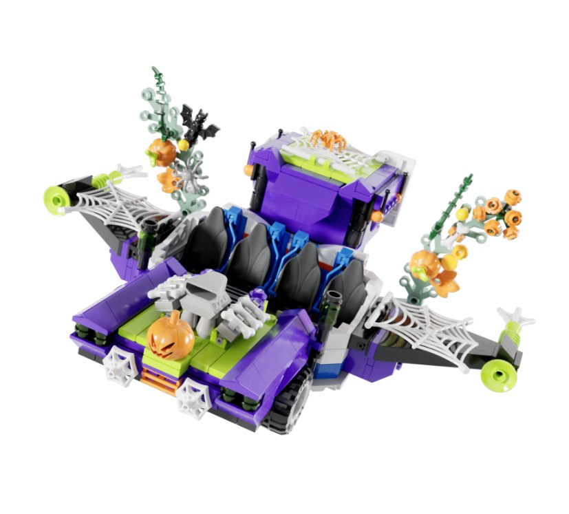 A rendered LEGO spacecraft in purple, lime green and black with four seats down the middle, an orange Jack-O-Lantern and white bone pieces on the nose, white spiderweb elements on the wings, an orange spider on a web on the rear housing, and sprigs of green vines with orange pumpkins and a black bat.