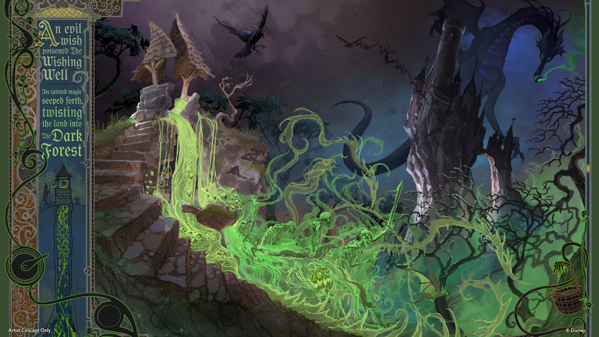Concept art of a broken stone wishing well with twin peaked wooden roofs on a rocky rise, luminous acid green magic pouring down the rocks and curling into vine shaped tendrils across a dead forest, a raven and bats in flight, and a dark castle tower at right with Maleficent's dragon form rising behind it against a purple and blue sky.