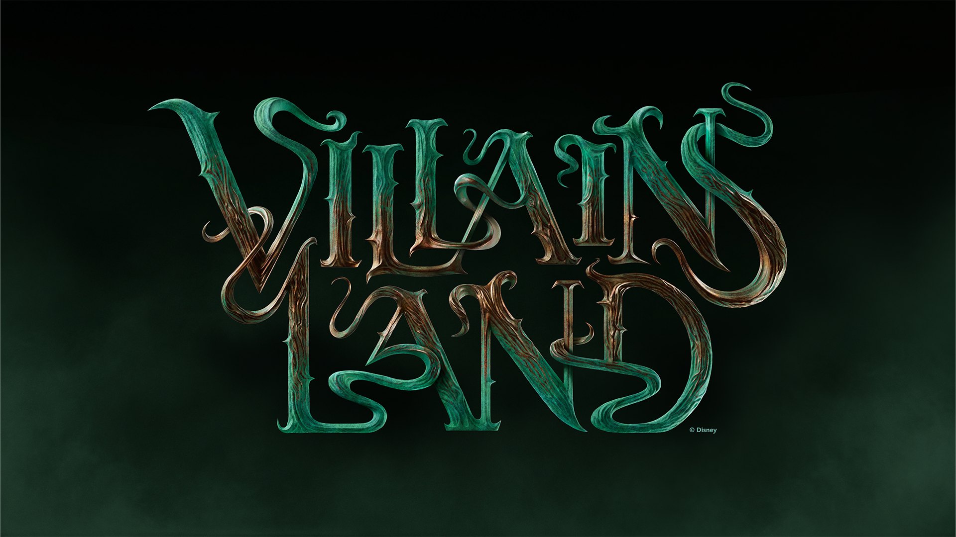 The Villains Land logo, the two words stacked on two lines in an ornate hand drawn serif with thorn like barbs and curling tendrils, rendered in mottled green and copper on a near black background with faint green fog.