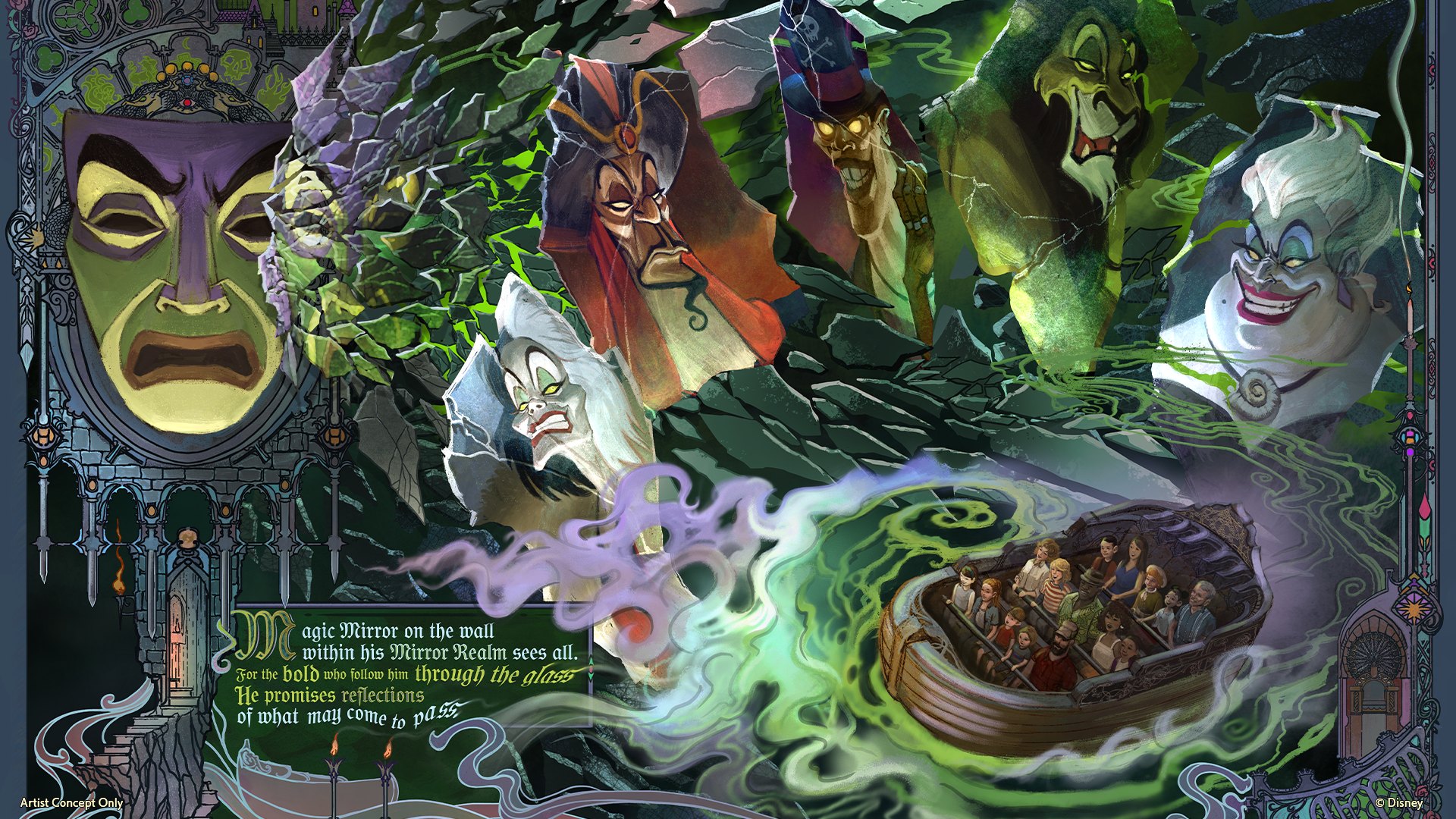 Concept art showing an ornate wooden boat carrying more than a dozen guests through swirling green and lavender mist, with the Magic Mirror's face at far left and shattered mirror shards above holding Cruella de Vil, Jafar, Dr. Facilier, Scar and Ursula.
