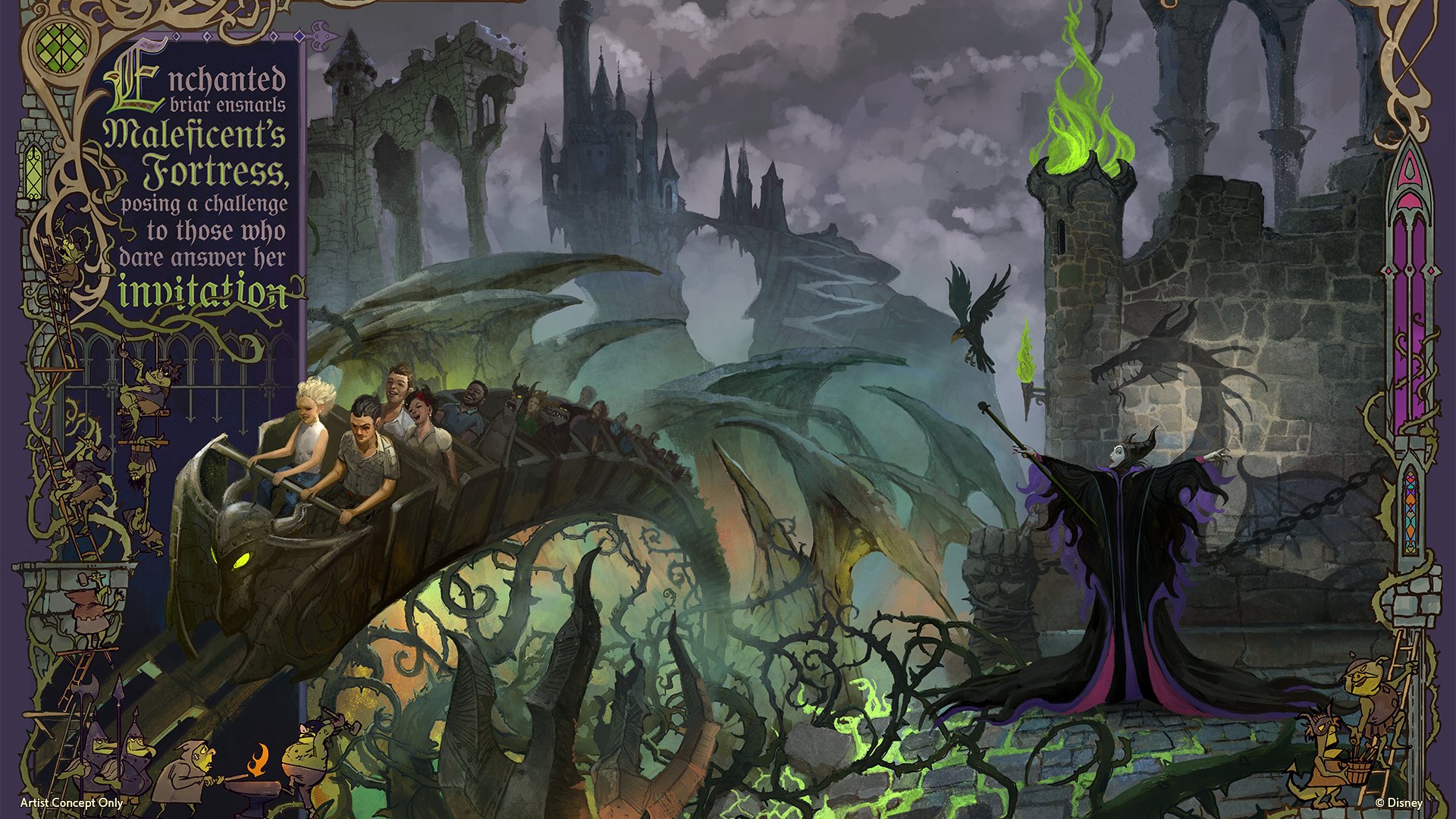 Concept art of a roller coaster train shaped like a black dragon with horns and glowing yellow green eyes, carrying riders two across through green thorned briar beneath vast outstretched wings, while Maleficent stands on a stone parapet at right with her staff raised and green flame burning from a tower above her.