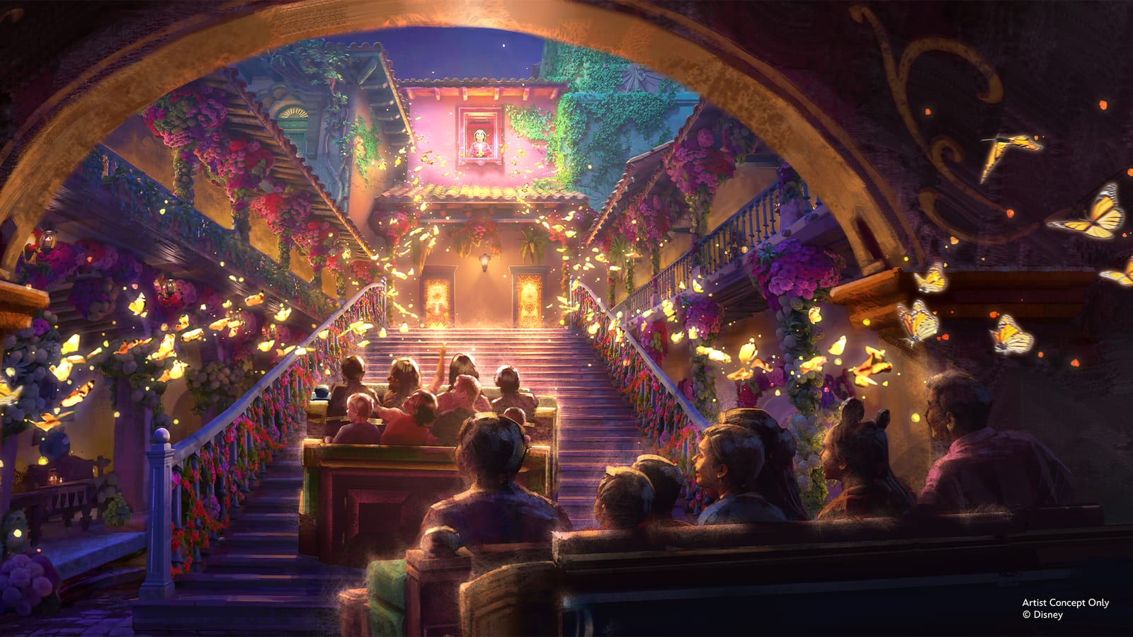 Concept art of guests seated in bench style ride vehicles climbing a grand staircase inside Casita, surrounded by glowing butterflies, hanging flowers and warm lantern light.