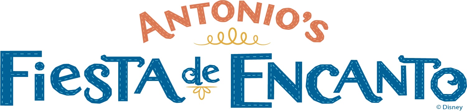 Official attraction logo reading Antonio's Fiesta de Encanto in hand lettered orange and blue type with small decorative flourishes.
