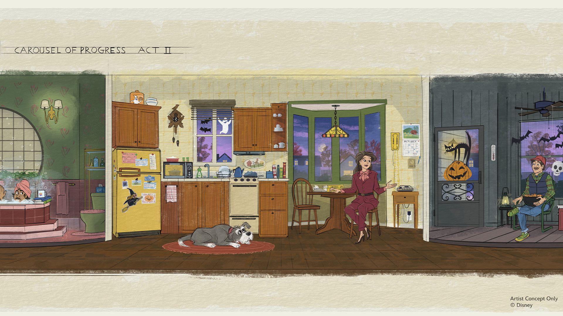 Concept art labeled Carousel of Progress Act II showing a kitchen decorated for Halloween, with a woman seated at a table, a dog on a rug, a jack-o-lantern on the screen door and a man handing out candy on the porch beyond it
