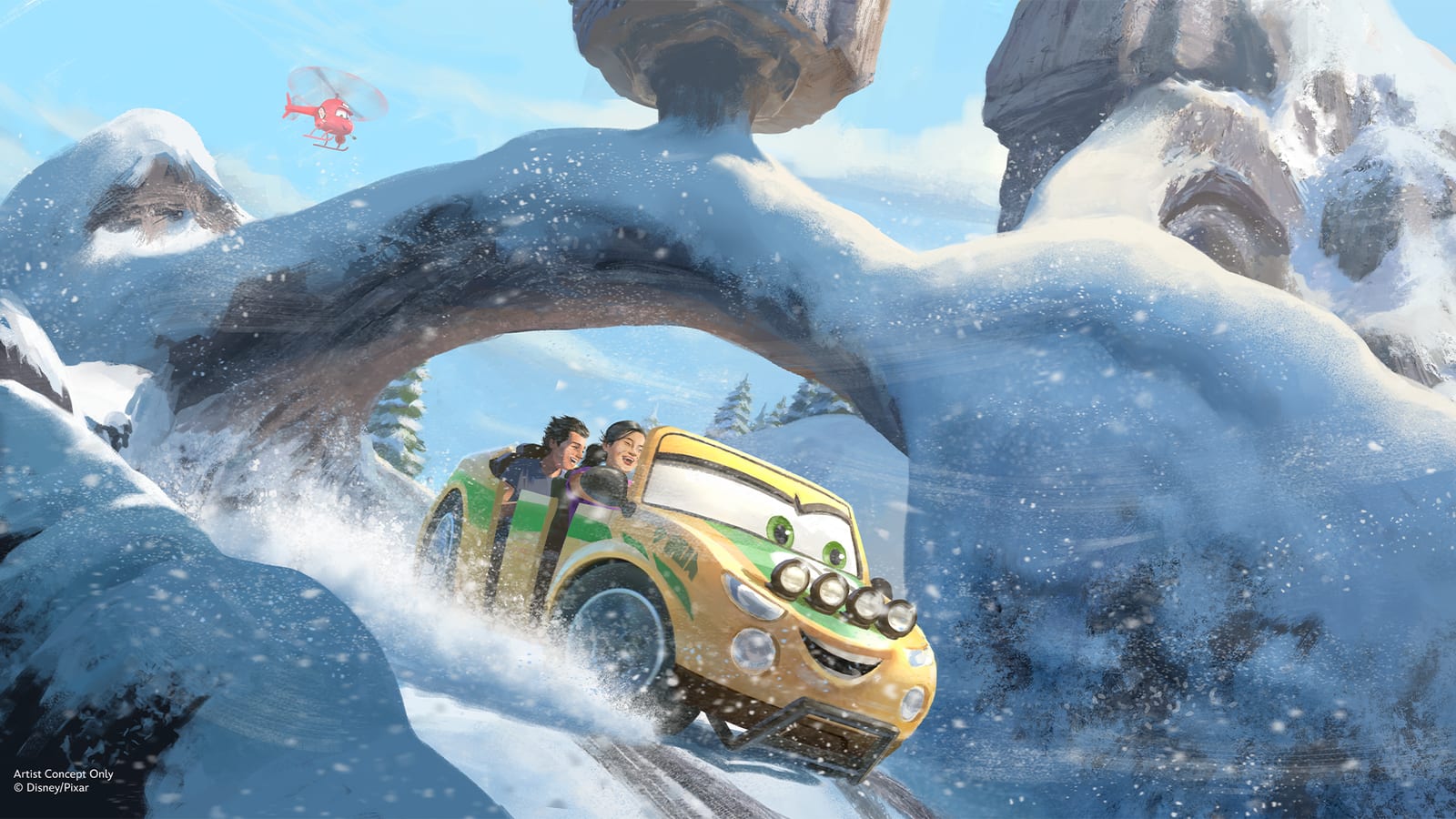 Concept art of a gold and green Cars ride vehicle carrying two riders through deep snow beneath a natural rock arch at a snowy mountain summit, with a red helicopter overhead.