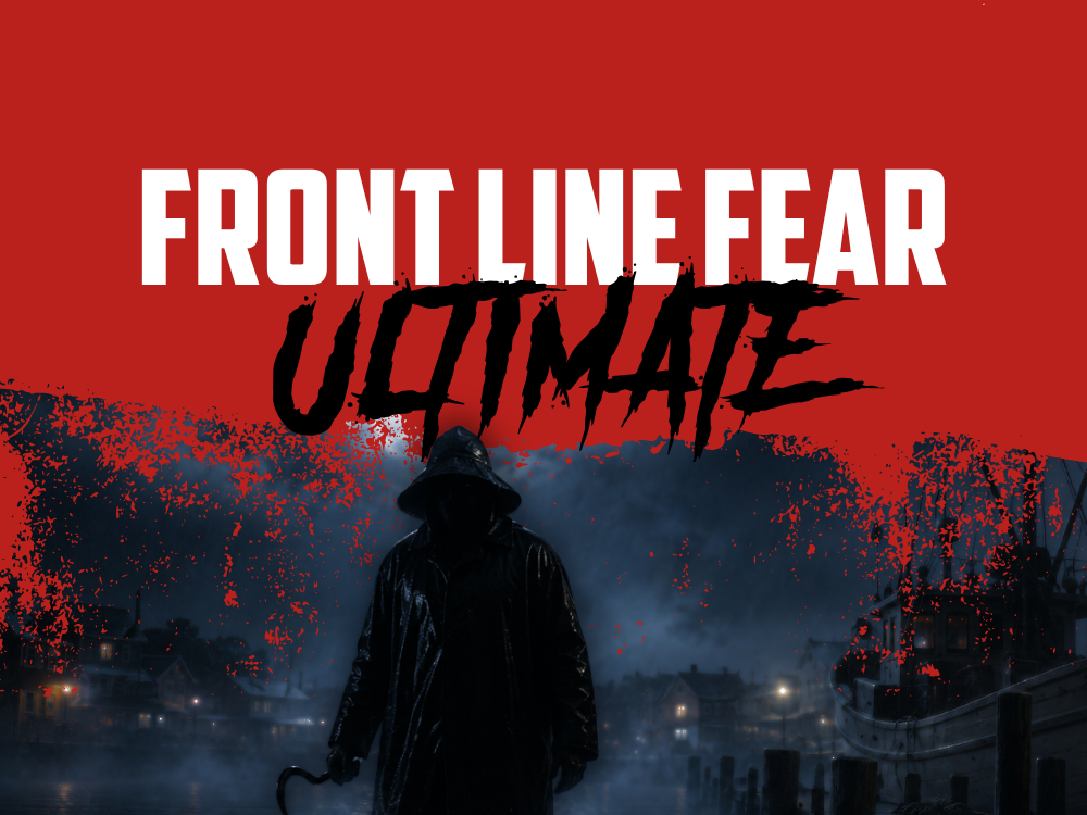 Promotional artwork for Front Line Fear ULTIMATE showing a hooded figure in a dark rain slicker and wide-brimmed rain hat, holding a hook