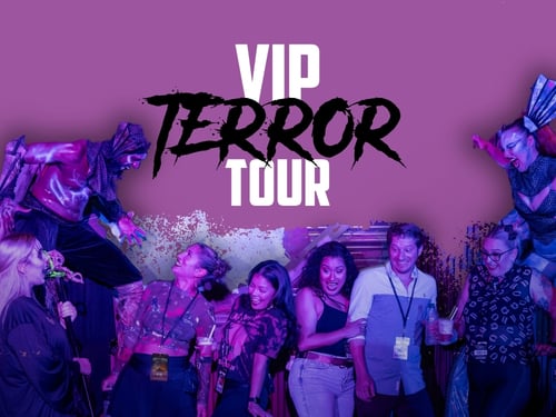 Purple promotional artwork reading VIP Terror Tour in blocky white and ragged black lettering, with costumed monsters flanking a group of guests holding drinks