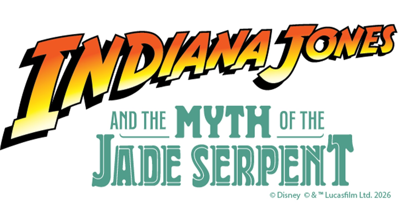 Attraction logo reading INDIANA JONES in the franchise's orange and yellow gradient block lettering above the words AND THE MYTH OF THE JADE SERPENT in jade green display type, on a white background.
