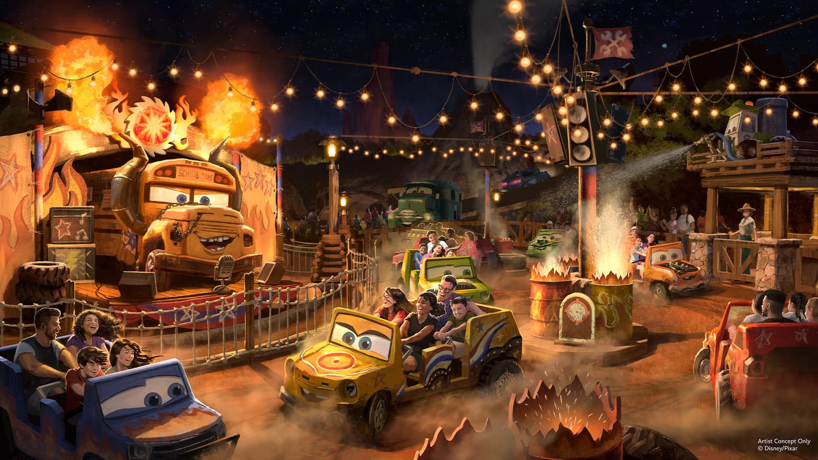 Nighttime concept art of a demolition derby arena strung with festoon lights, where small Cars ride vehicles carrying guests circle past burning barrels while a large school bus character presides from a platform on the left.