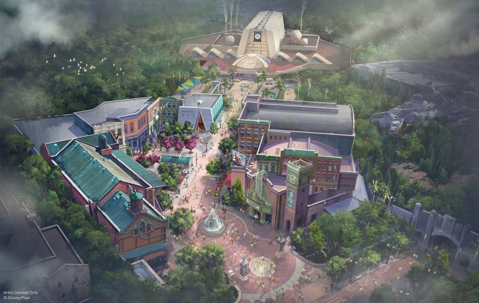 Overhead concept art of Monstropolis at Disney's Hollywood Studios, showing a monster city street of brick and stucco buildings around a fountain plaza, with the Harryhausen's marquee at left, the Glob Theater at right, and the Monsters, Inc. factory with smokestacks at the top of the frame.