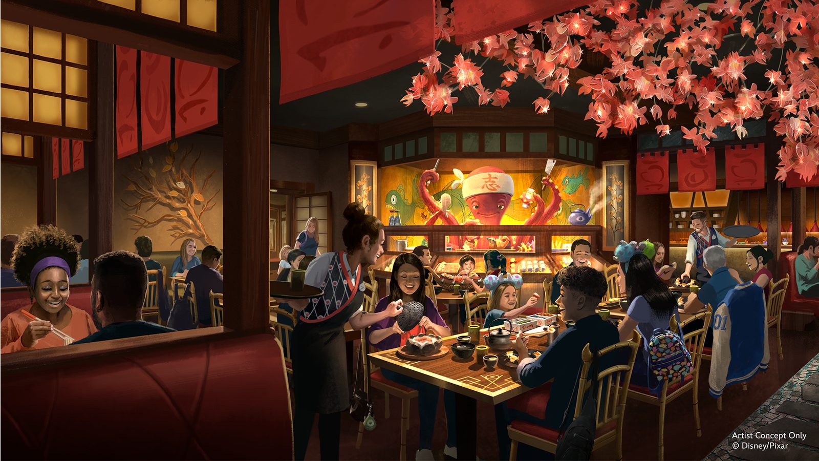 Concept art of the interior of Harryhausen's restaurant, a warmly lit dining room with red lanterns, glowing pink blossom branches overhead, wooden booths, and a large red octopus sushi chef in a headband working behind the illuminated sushi counter.