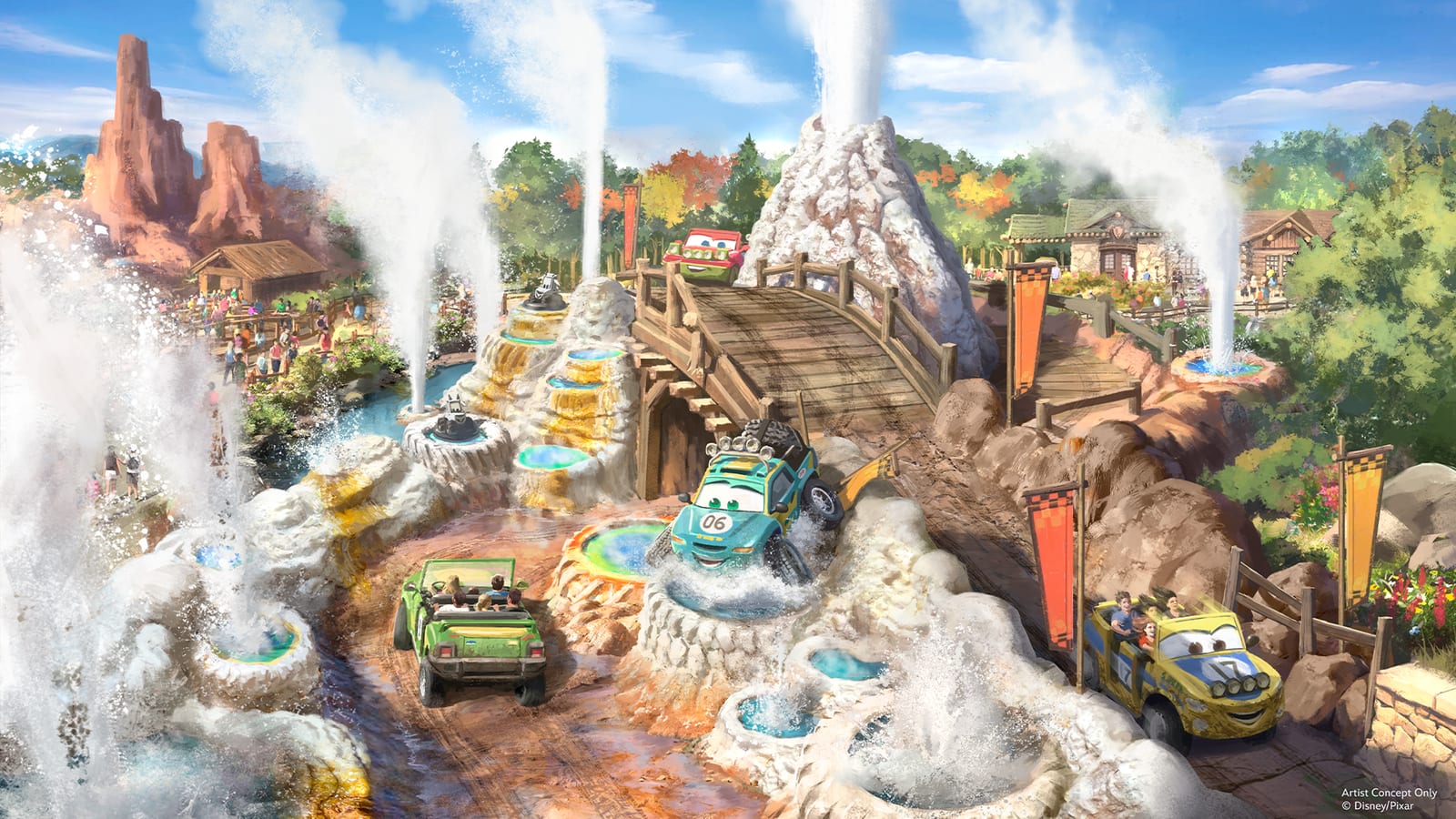 Concept art of the Piston Peak geyser field, with Cars ride vehicles crossing a wooden bridge past erupting geysers, hot springs and red rock formations under autumn trees.