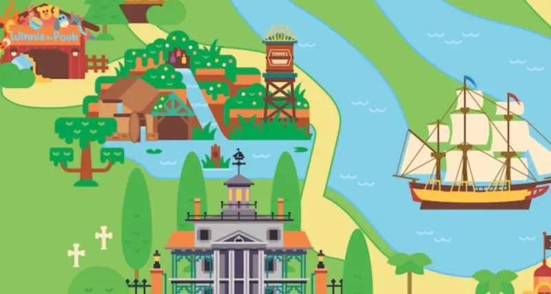 Illustrated cartoon map art from the Play Disney Parks app showing a log flume attraction with a wooden water tower beside it, a Winnie the Pooh marquee, a haunted mansion with a cemetery, and a tall sailing ship on a blue river