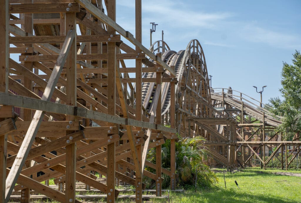 A side view of the coaster's pale new timber structure, dense with uprights, cross ties and diagonal bracing, carrying the track past palms and grass
