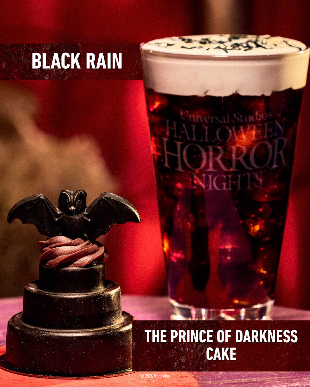 A tall dark drink labeled Black Rain with a thick pale foam head in a Halloween Horror Nights glass, beside a small three-tier black cake labeled The Prince of Darkness Cake topped with a dark bat figure on a swirl of reddish frosting