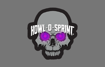 The Howl-O-Sprint logo mark, a grey cartoon skull with glowing magenta eye sockets and the words HOWL-O-SPRINT in white block letters across its forehead, on a flat grey background