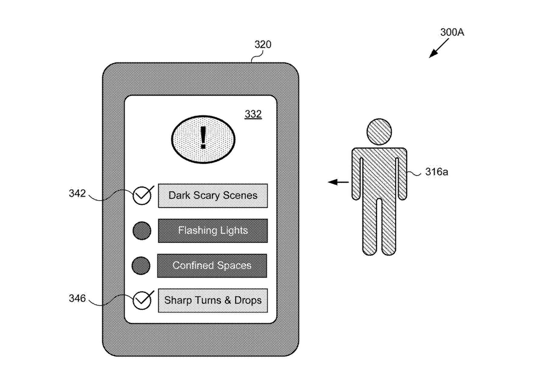Patent line drawing of a handheld device screen showing a warning icon above four labelled toggle rows, two of them ticked