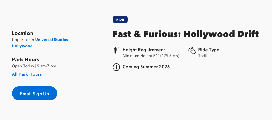 Screenshot of the Universal Studios Hollywood ride page for Fast and Furious Hollywood Drift showing a minimum height of 51 inches, ride type Thrill, and Coming Summer 2026