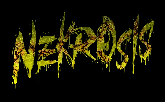 The word NEKROSIS on black in jagged, torn letterforms, acid yellow green, with rusty red vein textures inside the letters and drips running off the bottom