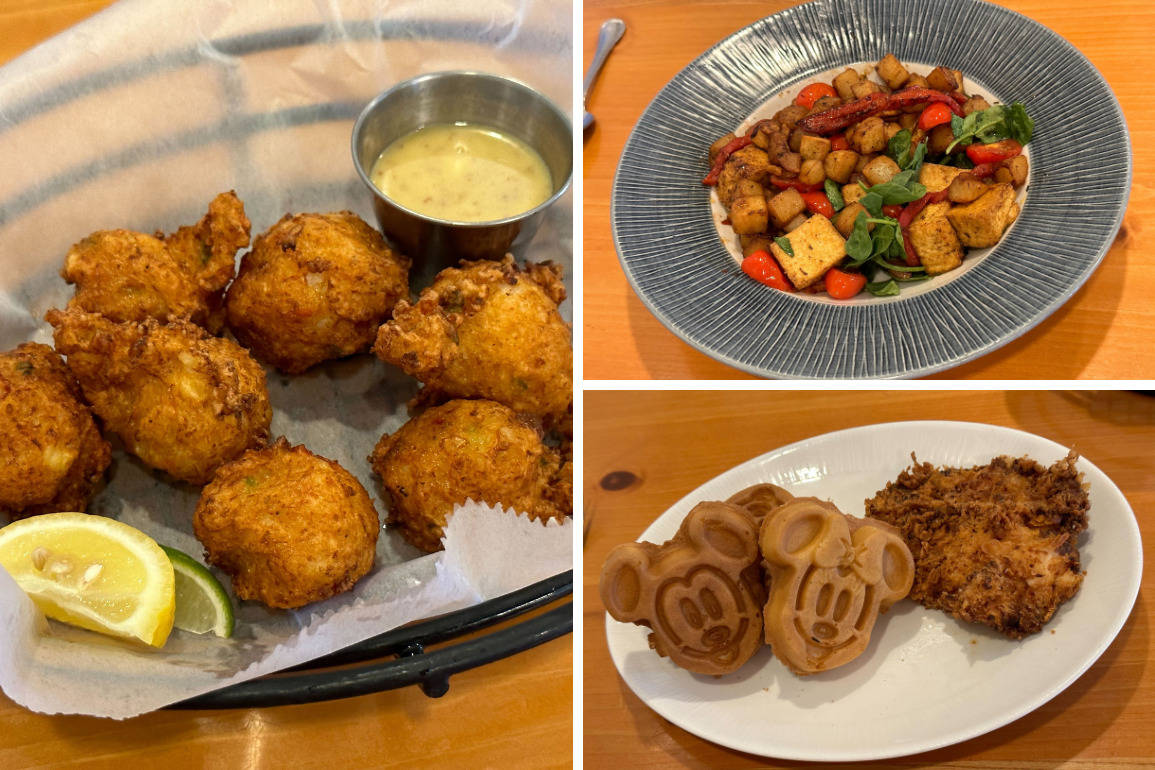 Three photos of Olivia's Cafe dishes: a basket of conch fritters with dipping sauce, a bowl of potato and tofu hash, and Mickey and Minnie waffles with fried chicken