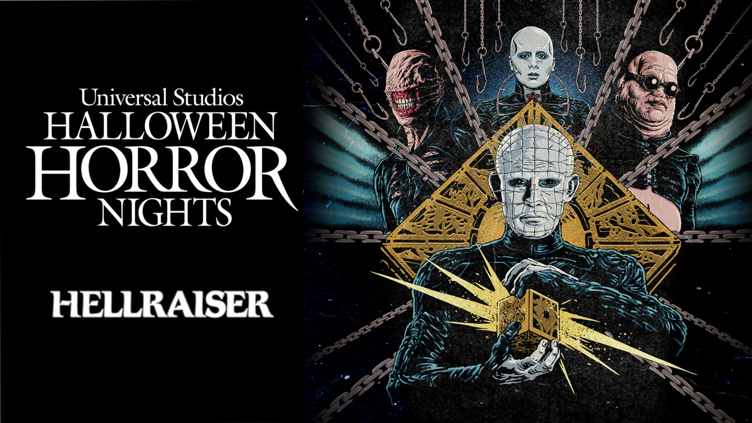 Halloween Horror Nights Hellraiser key art. A black panel on the left reads Universal Studios Halloween Horror Nights, HELLRAISER. On the right, Pinhead holds a glowing gold puzzle box in both hands in front of a large gold diamond, with three more Cenobite faces above him and hooked chains hanging on either side.