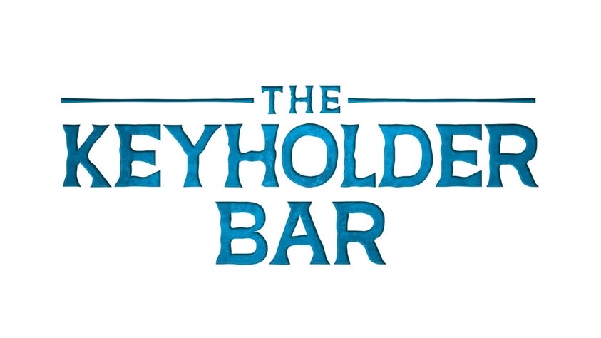 Universal's logo for The Keyholder Bar, three stacked lines of icy blue cracked-texture lettering on a plain white field reading THE KEYHOLDER BAR.